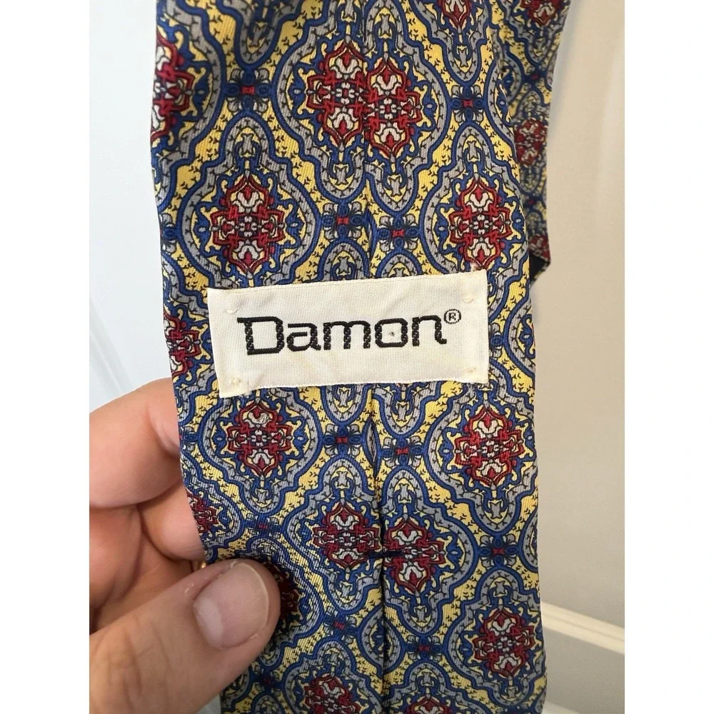 Vintage Damon Mens Tie Gold Red Blue Geometric Neck Tie, Silk